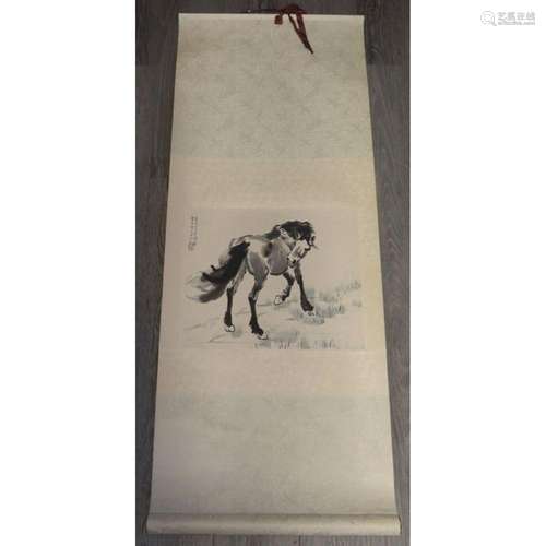 Signed Asian Scroll Painting of a Horse.