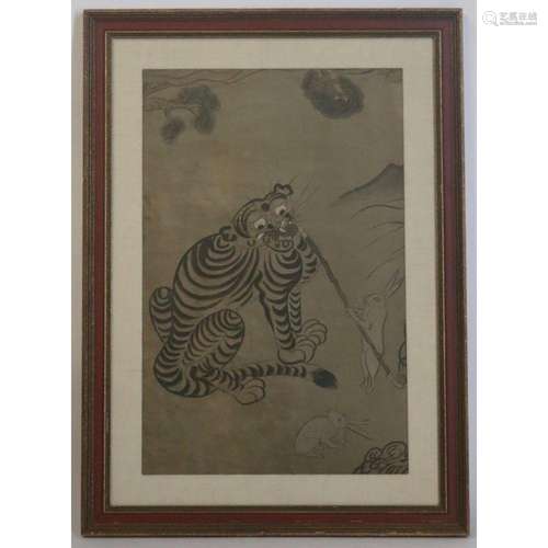 Asian Painting of a Tiger and Rabbits.