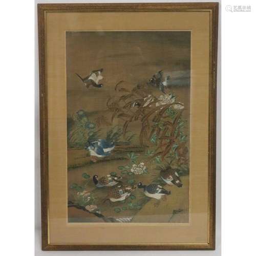 Large Framed Asian Painting of Ducks.