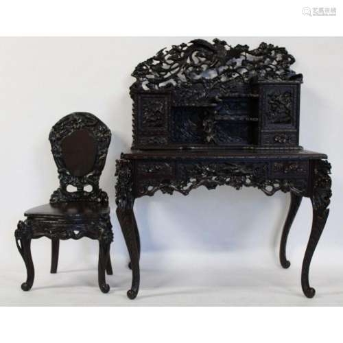Antique Highly & Finely Carved Asian Desk and