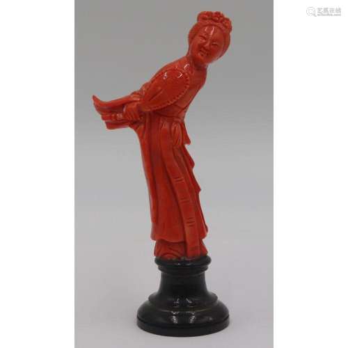 Carved Salmon Coral Standing Figure of a GuanYin