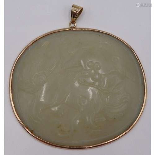 JEWELRY. 14kt Gold Mounted Jade Pendant of a Foo