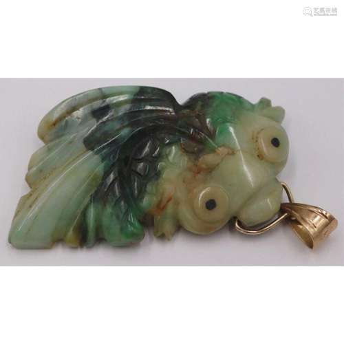 JEWELRY. 14kt Gold Mounted Carved Jade Koi Fish.