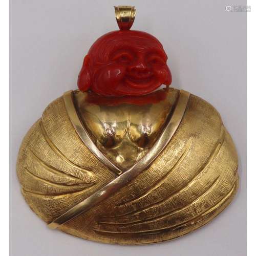 JEWELRY. 14kt Gold and Red Coral Buddha Pendant.