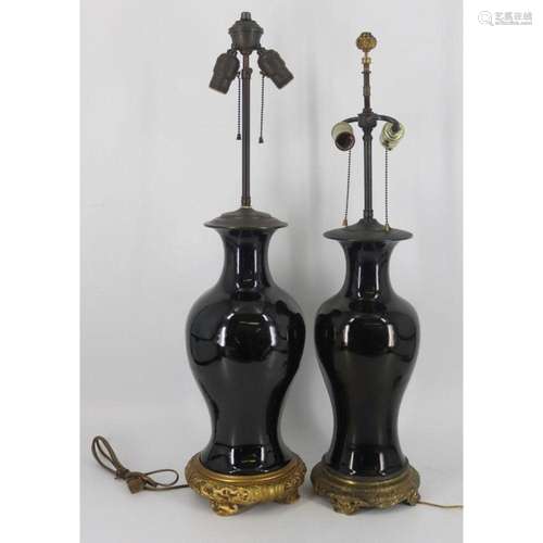 (2) Asian Black Baluster Vases Mounted as Lamps.