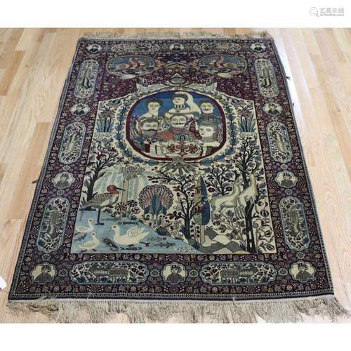 Antique Signed Finely Hand Woven Pictorial Carpet