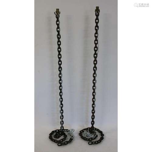 A Pair Of Iron Chain Link Form Lamps.