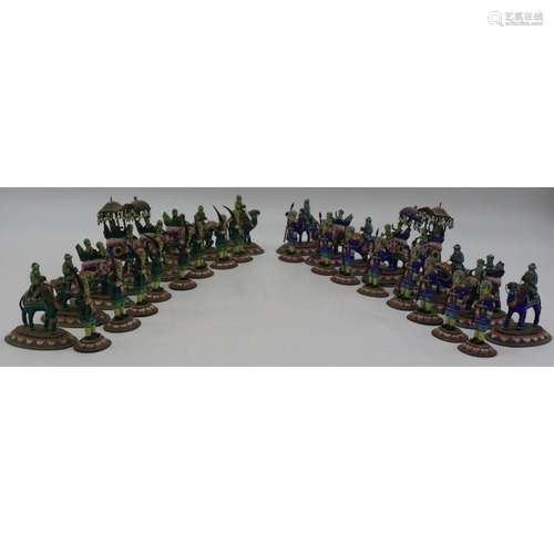 SILVER. 32 Pc. Indian Enameled Silver Chess Set.