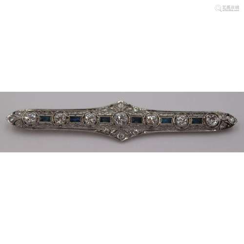 JEWELRY. Platinum Diamond and Sapphire Bar Pin.