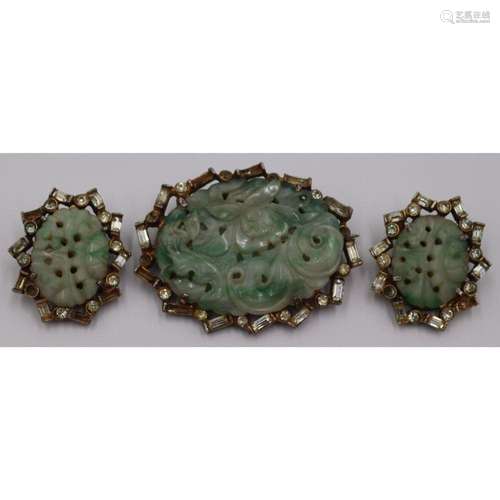 JEWELRY. 3 Pc. Carved Jade and Sterling Suite.