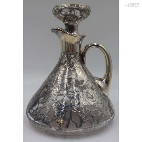 STERLING. Monogrammed Silver Overlay Decanter.