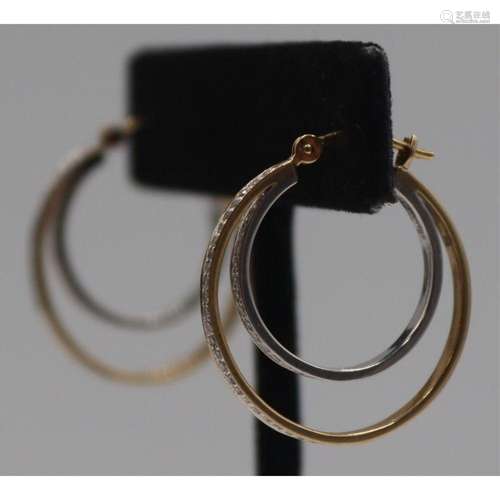 JEWELRY. Signed 14kt Bi-Color Gold & Diamond Hoop