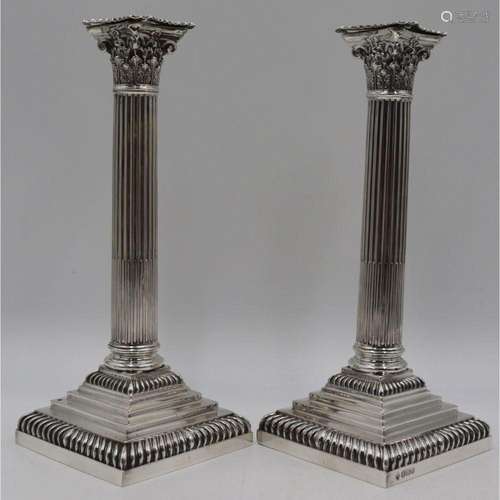 SILVER. Pair of English Silver Column Candlesticks