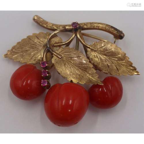 JEWELRY. 14kt Gold, Carved Coral, and Colored Gem