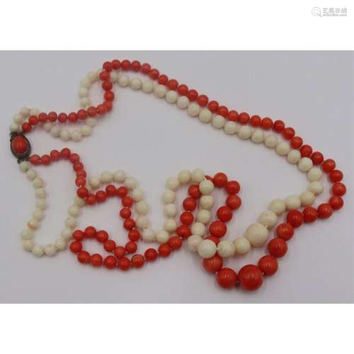 JEWELRY. Double Strand Carved Coral Necklace.