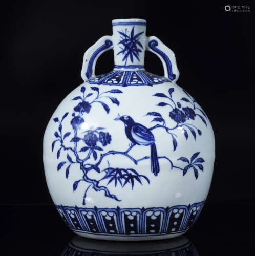 Blue and White Bird-and-Flower Moon Flask