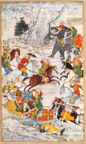 A MINIATURE OF A BATTLE SCENE, MUGHAL INDIA, AKBAR WORKSHOPS...