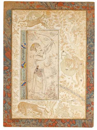 A MINIATURE OF A YOUTH HOLDING A BOW AND ARROW, SAFAVID, PER...