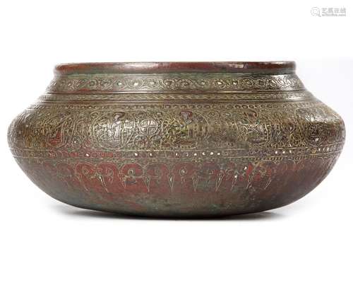 A BRONZE, COPPER, SILVER AND BRASS BASIN, CENTRAL ASIA, 11TH...