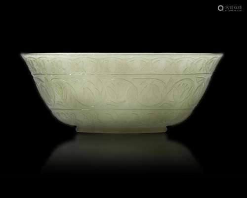 A CELADON JADE MUGHAL-STYLE BOWL, 17TH CENTURY