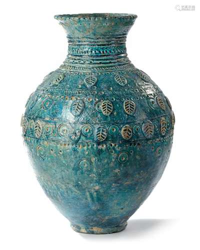 A POST SASSANIAN TURQUOISE GLAZED POTTERY STORAGE JAR, PERSI...