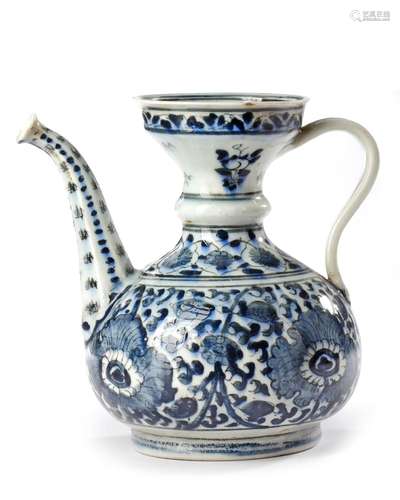 A SAFAVID BLUE, BLACK AND WHITE EWER, PERSIA, 18TH CENTURY