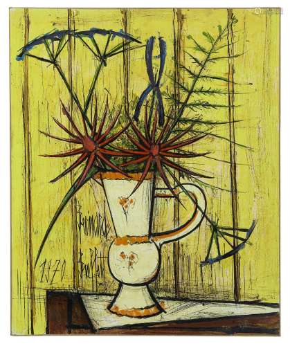 ¤ Bernard BUFFET 1928- 1999 Bouquet rouge et bleu fond jaune...