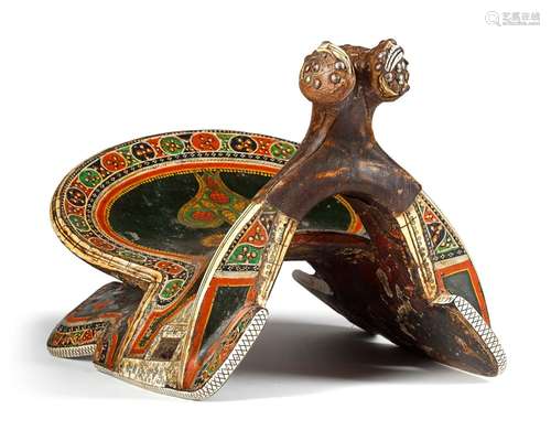 A LACQUERED AND BONE DECORATED WOOD SADDLE, UZBEKISTAN, 19TH...