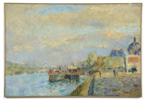 Albert LEBOURG 1848 - 1928 Paris, péniches à quai Huile sur ...