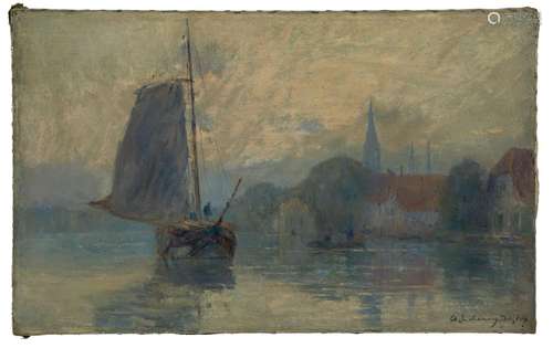 Albert LEBOURG 1848 - 1928 Bords de la Schie à Delft, effet ...