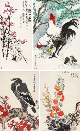 吴劳黄行全克群 四君子图、公鸡、老鹰、花卉 立轴 设色纸本