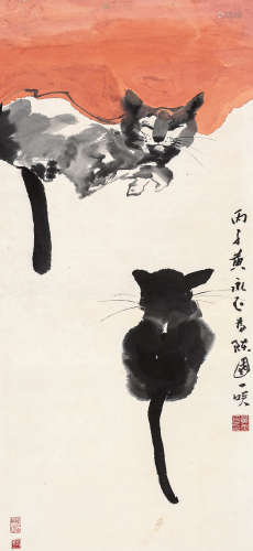 黄永玉 猫趣图 立轴 设色纸本