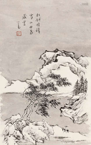 溥儒 雪景山水 镜框 水墨纸本