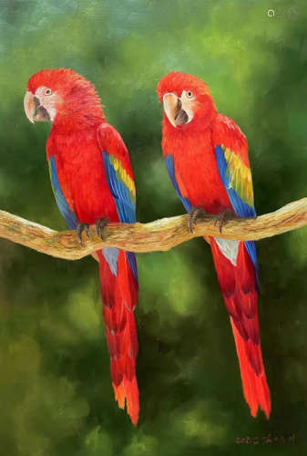 Parrots Oil Painting, signed Kim Kyung-mi