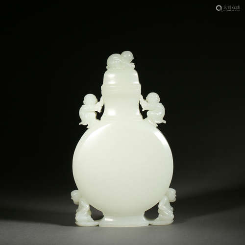 Carved Hetian Jade Figural Vase Raised on rectangular foot r...