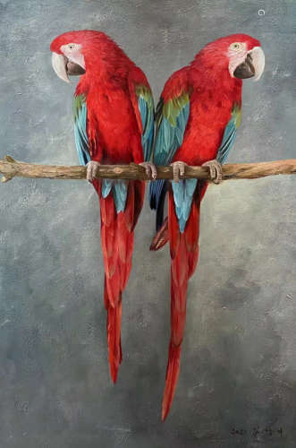 Parrot Oil Painting, signed Kim Kyung-mi