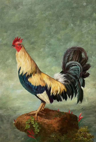 Rooster Oil Painting, signed Kim Kyung-mi
