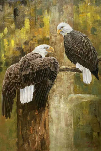 Eagles Oil Painting, signed Kim Kyung-mi