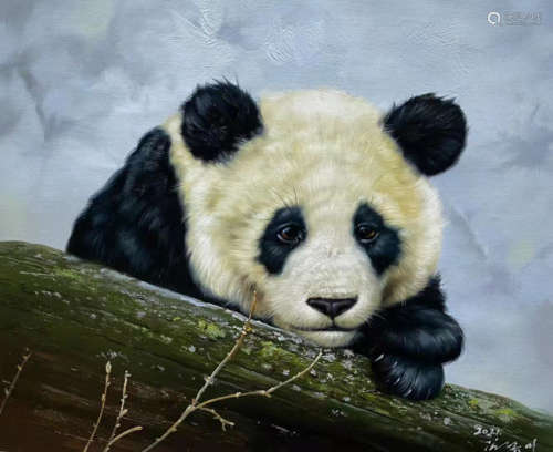 Panda Oil Painting, signed Kim Kyung-mi