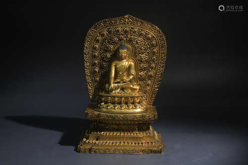 Gilt Bronze Figure of Shakyamuni Seated on a double-lotus wi...