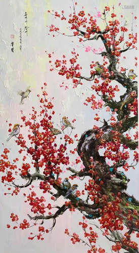 Plum Blossom and Magpie Oil Painting, signed Songxin-dong Bo...