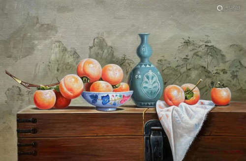 Persimmons Oil Painting, signed Kim Yong Hyun Kim Yong Hyun ...