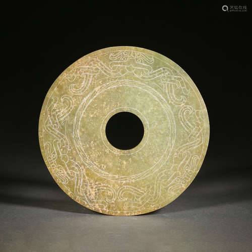 Carved Chinese Russet and Celadon Jade Disc Bi