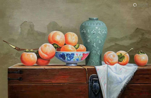 Persimmons Oil Painting, signed Jin Yongxian