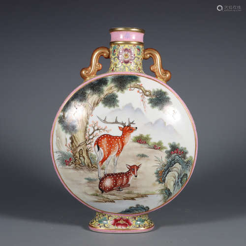 Famille Rose and Gilt Deco Stag Moon Flask