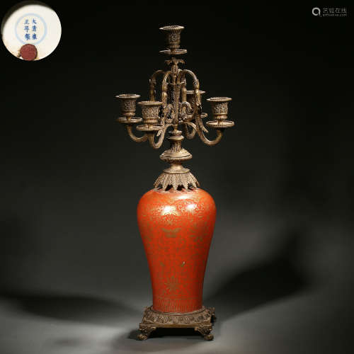 Gilt Deco Iron-Red Glaze Meiping-Form Candlestick