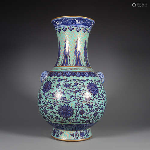 Turquoise-Ground and Underglaze Blue Flower Double-Eared Vas...