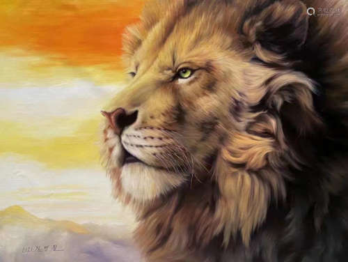 Lion and Sunrise Oil Painting, signed Jin Yingzhe