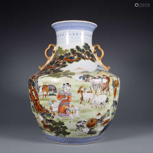 Falangcai Glaze Figure Double-Eared Vase