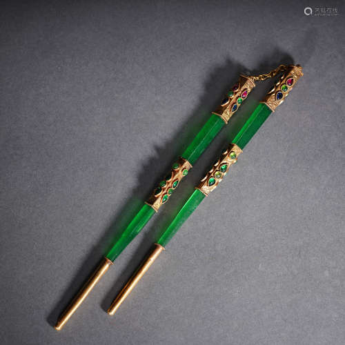 Gold Coating Green Jade Chopsticks